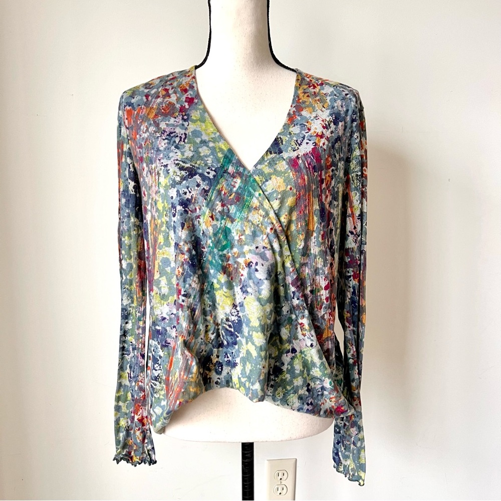 PLUME AND THREAD Colorful Boho Peasant Surplice Wrap Blouse—SZ. 2